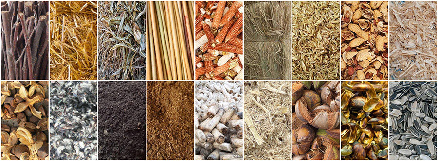 Rice husks, peanut shells, cotton husks, corncobs, corn stalks, and sorghum stalks